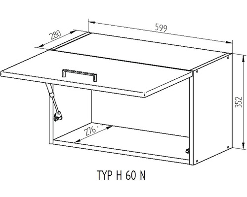 Technický výkres závesnej skrinky s rozmermi 599 x 352 x 280 mm