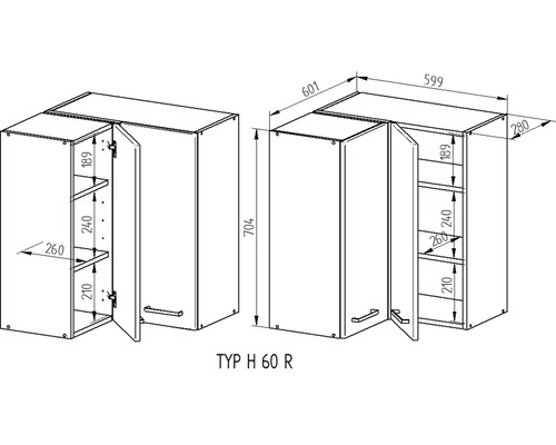 Výkres dvoch rohových závesných skriniek s rozmermi