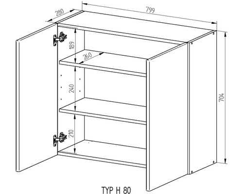 Technický výkres závesnej skrinky s dvomi dvierkami, tromi policami a rozmermi