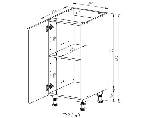 Technický nákres spodnej skrinky s dvierkami, policou a rozmermi
