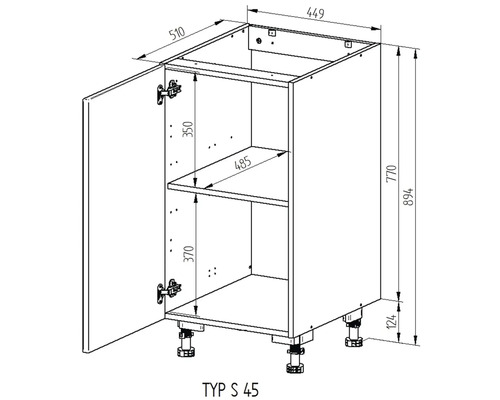 Technický nákres spodnej kuchynskej skrinky s rozmermi
