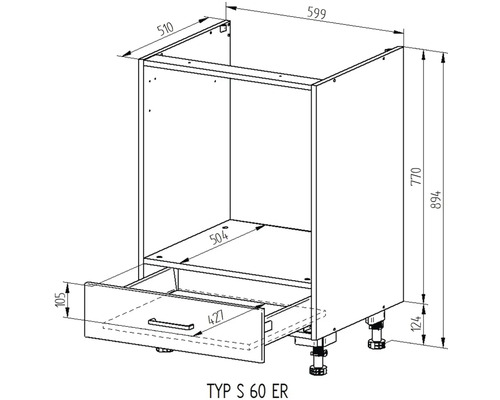 Technický nákres kuchynskej spodnej skrinky so zásuvkou a rozmermi