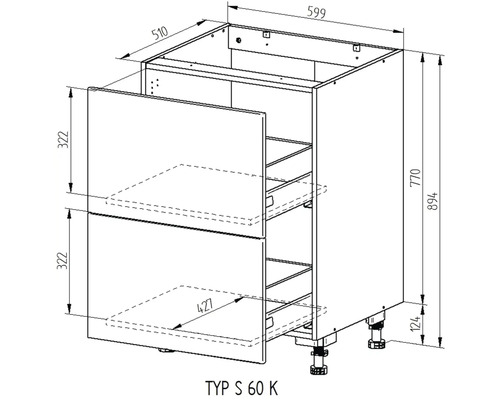 Technický nákres spodnej kuchynskej skrinky so zásuvkami a rozmermi.