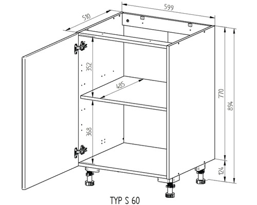 Technický nákres spodnej skrinky s rozmermi
