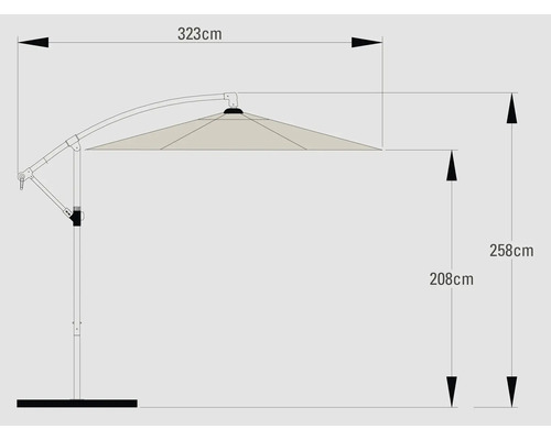 Technický nákres slnečníka s rozmermi 323 cm šírka a 258 cm výška