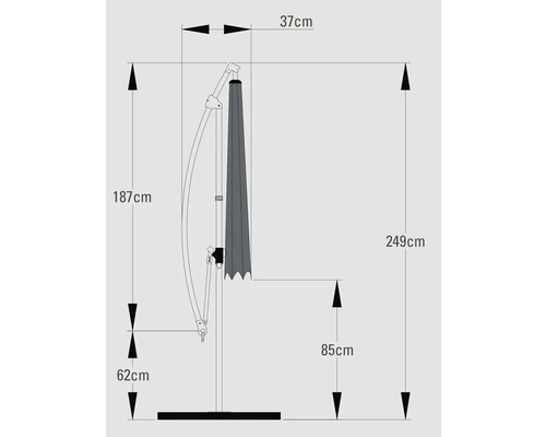 Technický nákres slnečníka s rozmermi