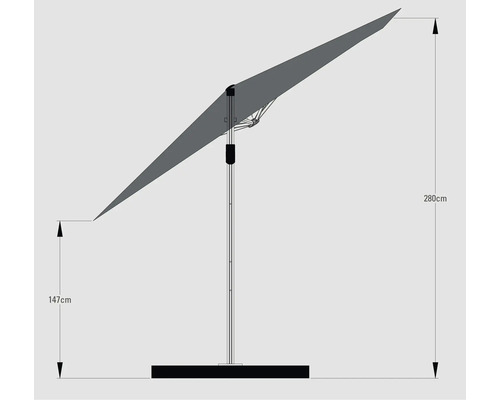 Obrázok slnečníka s bočnou tyčou a rozmermi 147 cm a 280 cm.