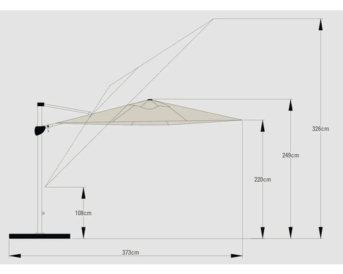 Rozmerový nákres slnečníka s bočnou tyčou, rozmery v centimetroch