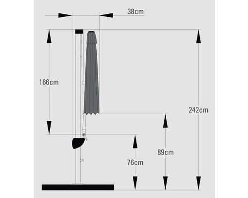 Technický nákres slnečníka s údajmi o výške a šírke.