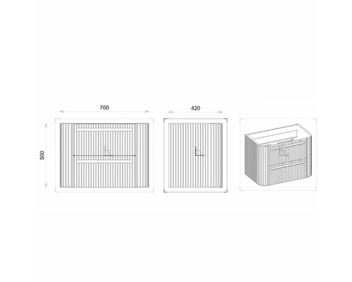 Technický nákres skrinky pod umývadlo s rozmermi 700 x 500 x 420 mm.
