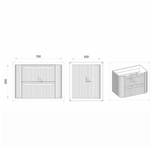 Technický nákres skrinky pod umývadlo s rozmermi 700 x 500 x 420 mm