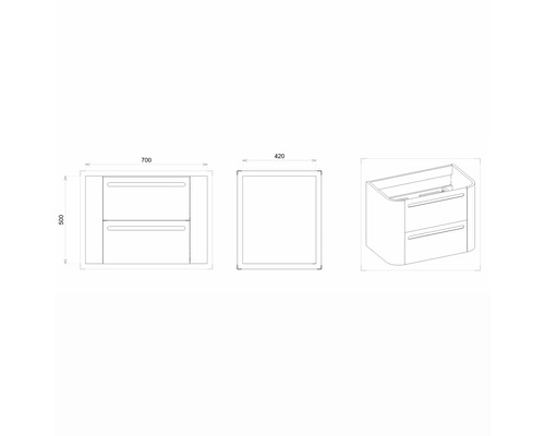 Technický nákres skrinky pod umývadlo so zásuvkami a rozmermi