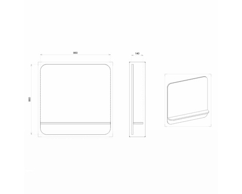 Technický nákres zrkadla s poličkou a rozmermi 860 x 860 x 140 mm.