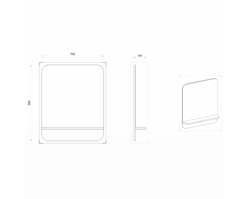 Technický nákres zrkadlovej skrinky s rozmermi 700 x 860 x 140 milimetrov.
