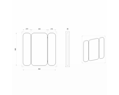 Technický nákres zrkadlovej skrinky s rozmermi.