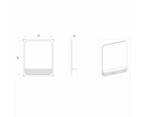 Technický výkres obdĺžnikového zrkadla s poličkou a rozmermi