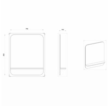 Technický nákres zrkadla s poličkou a rozmermi 700 x 860 x 140 mm.