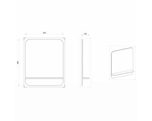 Technický nákres zrkadla s poličkou a rozmermi 700 x 860 x 140 mm.