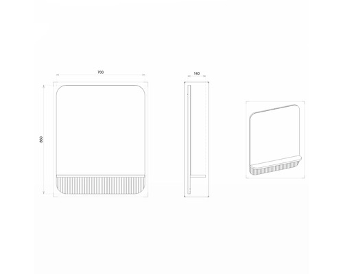 Technický nákres zrkadlovej skrinky s rozmermi 700 x 860 x 140 mm