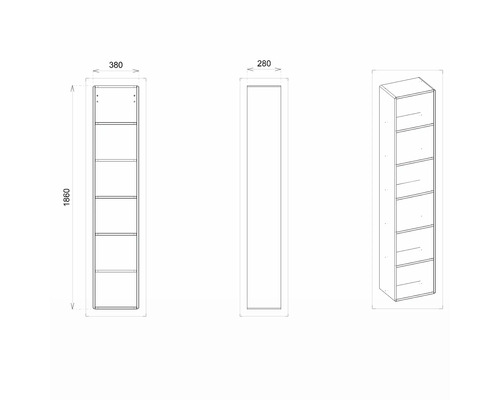 Technický nákres regálu s piatimi priehradkami, rozmery: 1860 x 380 x 280 milimetrov.