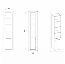 Technický nákres vysokej kúpeľňovej skrinky s rozmermi 380 x 300 x 1860 mm.