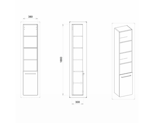Technický nákres vysokej kúpeľňovej skrinky s rozmermi 380 x 300 x 1860 mm.