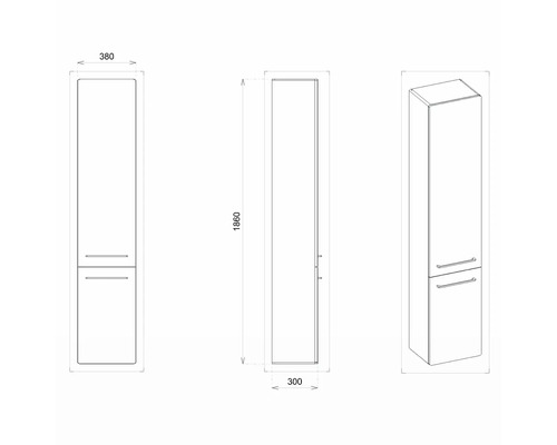 Technický nákres vysokej skrine s rozmermi 380 x 1860 x 300 mm.