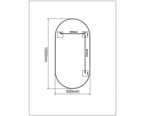 Technický nákres zrkadla s rozmermi 1000 mm na výšku a 500 mm na šírku