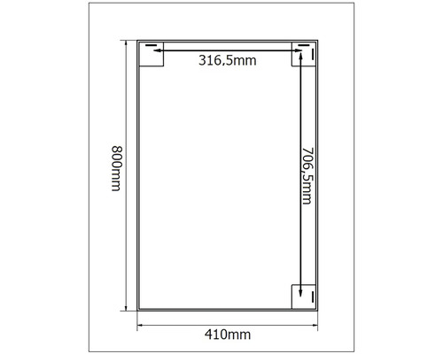 Technický nákres s rozmermi pre obdĺžnikový výrobok: výška 800 mm, šírka 410 mm, vnútorné rozmery 316,5 mm a 706,5 mm.