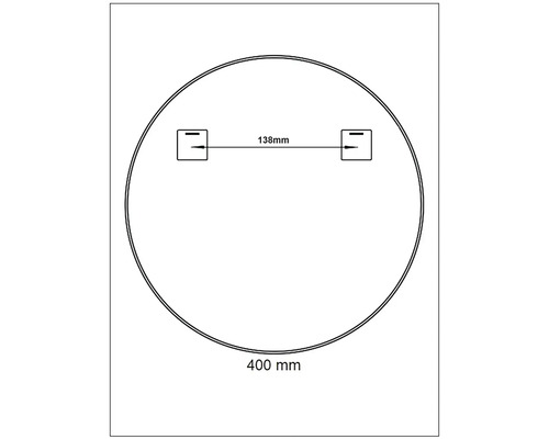 Technický nákres okrúhleho zrkadla s priemerom 400 milimetrov a rozstupom 138 milimetrov medzi závesmi