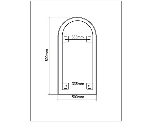 Technický nákres zrkadla s rozmermi: výška 800 mm, šírka 500 mm, vzdialenosť závesu 335 mm