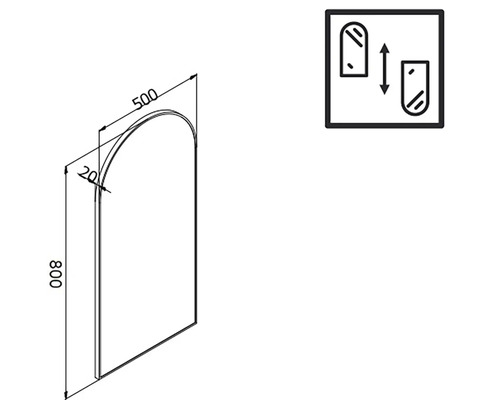 Technický nákres zrkadla so zaoblenými rohmi a rozmermi