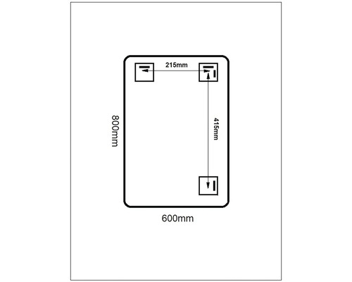 Technický nákres obdĺžnikového zrkadla so zaoblenými rohmi s rozmermi 800 krát 600 milimetrov, vrátane závesných bodov s rozmermi 215 a 415 milimetrov.