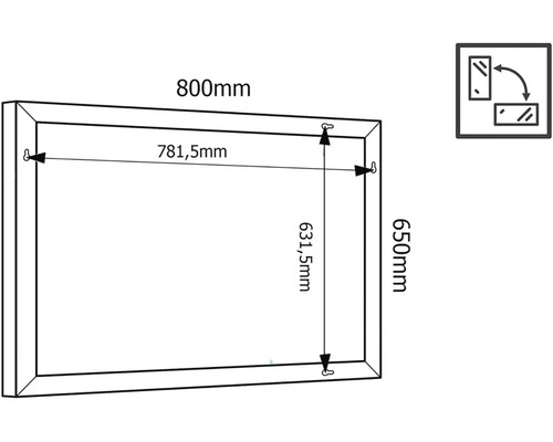 Technický výkres zrkadla s rozmermi 800 mm šírky a 650 mm výšky