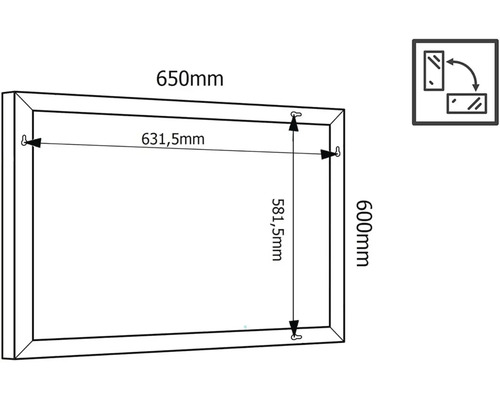 Technický nákres zrkadla s rozmermi 650 mm šírka a 600 mm výška.