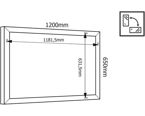 Technický nákres zrkadla s rozmermi 1200 mm krát 650 mm