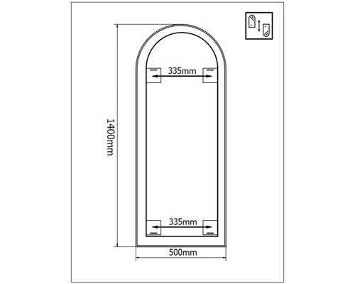 Technický výkres zrkadla s rozmermi 1400 mm výška a 500 mm šírka