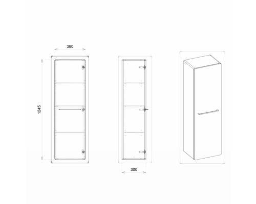 Technický nákres kúpeľňovej vysokej skrinky s rozmermi