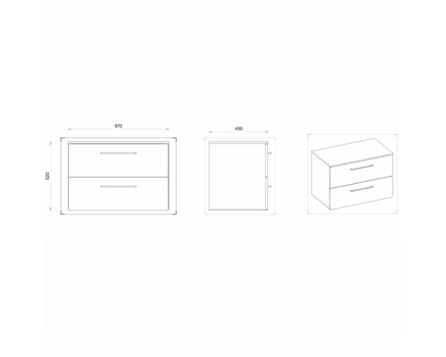 Technický nákres skrinky pod umývadlo s dvomi zásuvkami a rozmermi