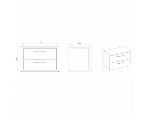 Nákres skrinky pod umývadlo s dvomi zásuvkami a rozmermi