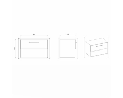 Technický nákres skrinky pod umývadlo s rozmermi
