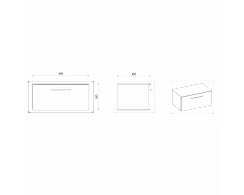 Technický nákres skrinky pod umývadlo s rozmermi.