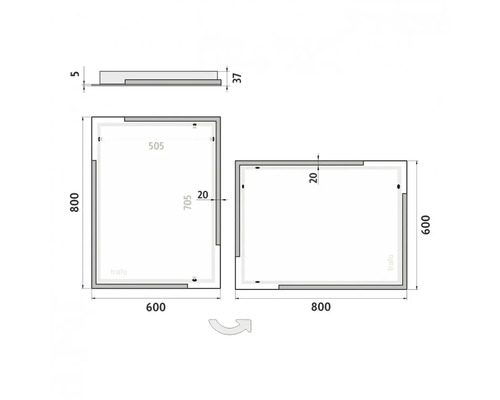 Technický nákres zrkadlovej skrinky s rozmermi