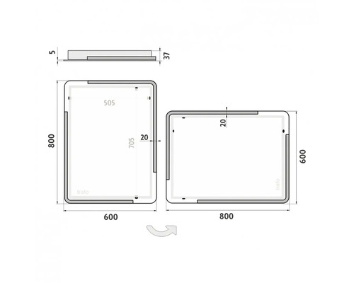 Technický nákres zrkadla s LED osvetlením a rozmermi