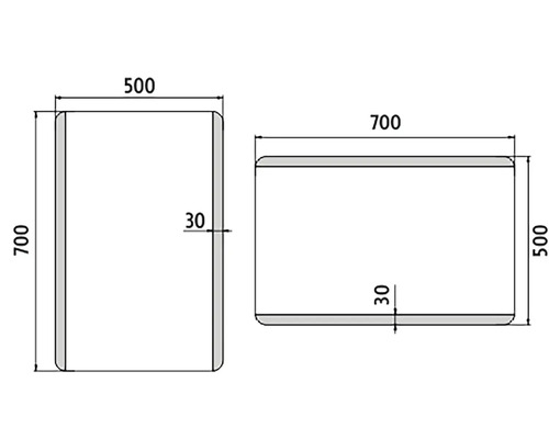 Technický výkres obdĺžnika so zaoblenými rohmi, rozmery 500 x 700 milimetrov a hrúbka materiálu 30 milimetrov