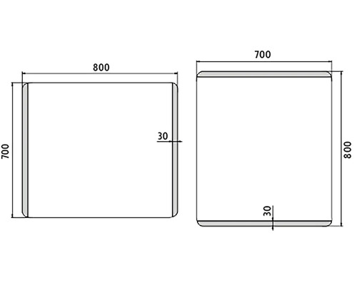 Technický nákres sprchovacieho kúta s rozmermi 700 x 800 mm