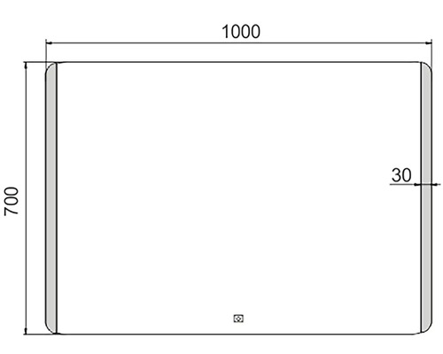 Technický nákres zrkadla s rozmermi 1000 krát 700 krát 30 milimetrov