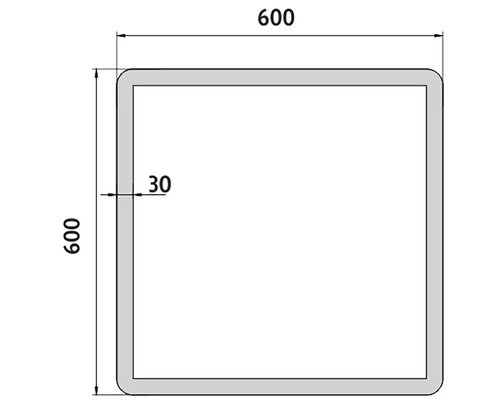 Štvorcový rámový profil s rozmermi 600 x 600 mm a hrúbkou 30 mm.