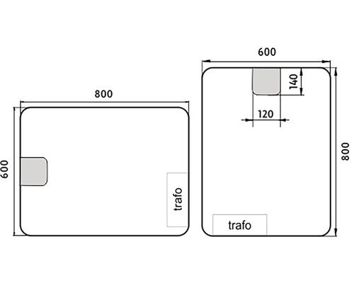 Technický nákres dvoch zrkadiel s rozmermi