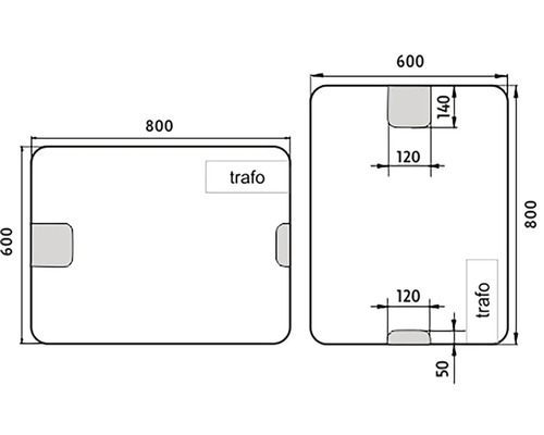 Technický nákres obdĺžnikového a štvorcového zrkadla s rozmermi a pozíciou pre transformátor